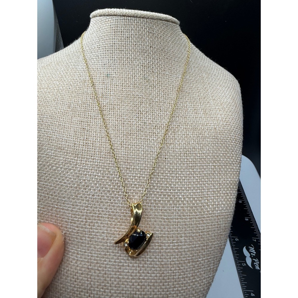 Roman Vintage Gold Tone Abstract Swirl Necklace Black Oval Stone Crystal Accents